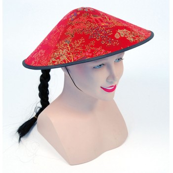 Шляпа китайская красная с косичкой