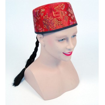 Шляпа китайская красная с косичкой -2